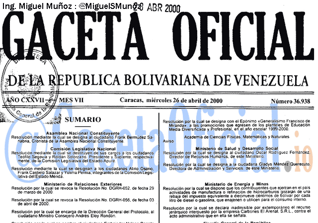 Gaceta Oficial 36938 del 26 Abril 2000