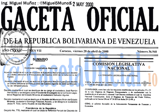 Gaceta Oficial 36940 del 28 Abril 2000