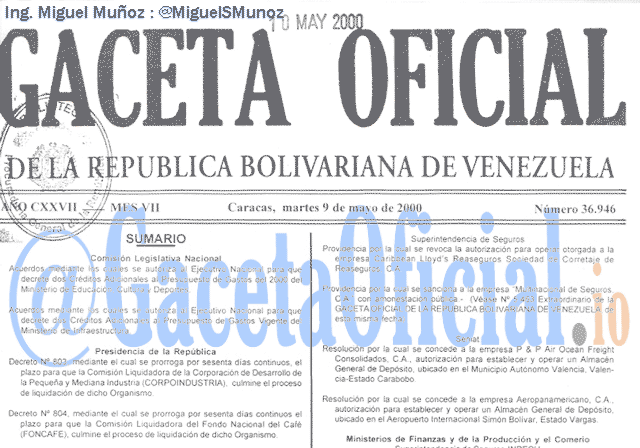 Gaceta Oficial 36946 del 9 Mayo 2000