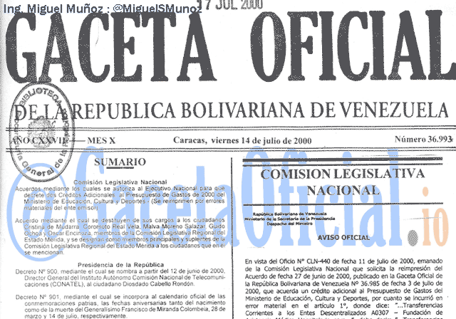 Gaceta Oficial 36993 del 14 Julio 2000