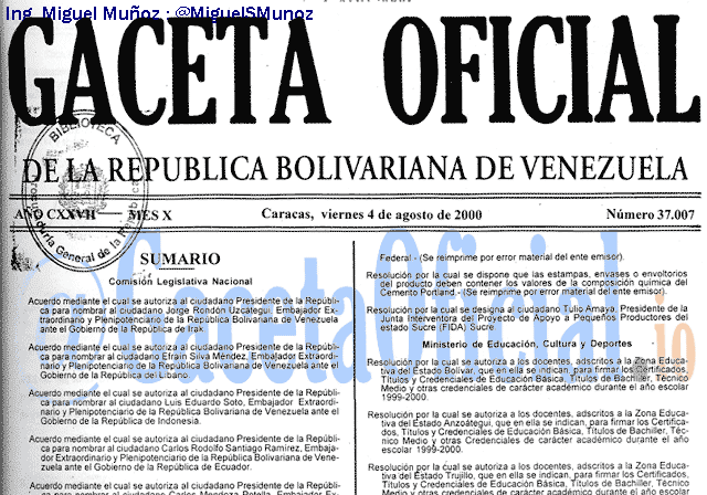 Gaceta Oficial 37007 del 4 Agosto 2000