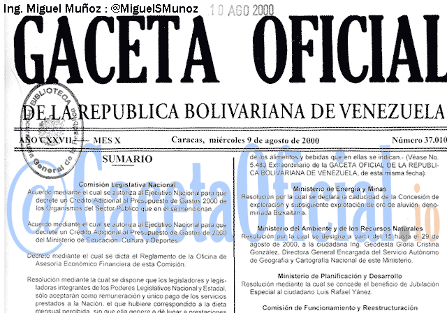 Gaceta Oficial 37010 del 9 Agosto 2000