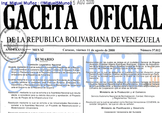 Gaceta Oficial 37012 del 11 Agosto 2000