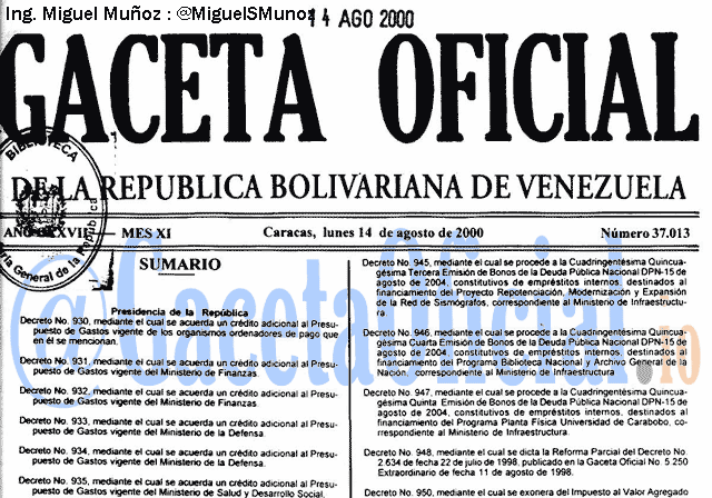 Gaceta Oficial 37013 del 14 Agosto 2000