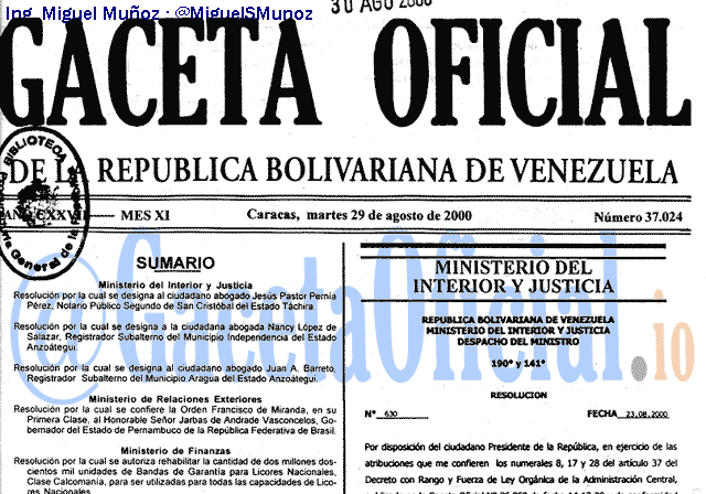 Gaceta Oficial 37024 del 29 Agosto 2000