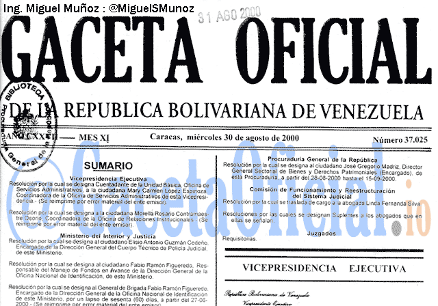 Gaceta Oficial 37025 del 30 Agosto 2000
