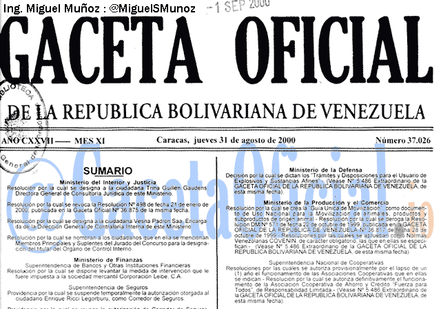 Gaceta Oficial 37026 del 31 Agosto 2000