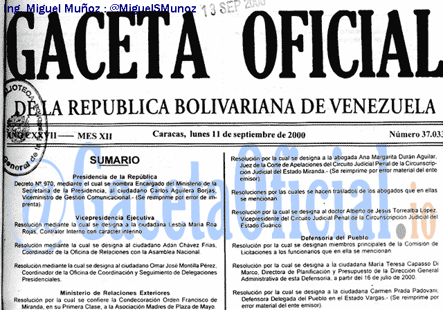 Gaceta Oficial 37033 del 11 Septiembre 2000