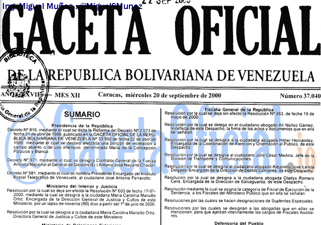 Gaceta Oficial 37040 del 20 Septiembre 2000