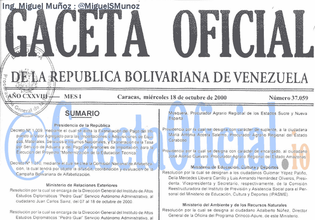 Gaceta Oficial 37059 del 18 Octubre 2000
