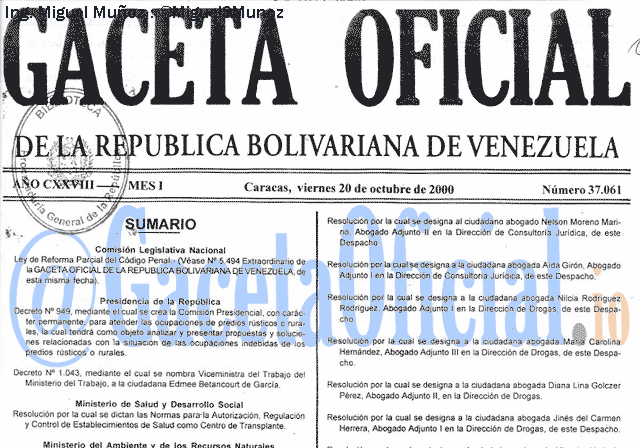 Gaceta Oficial 37061 del 20 Octubre 2000