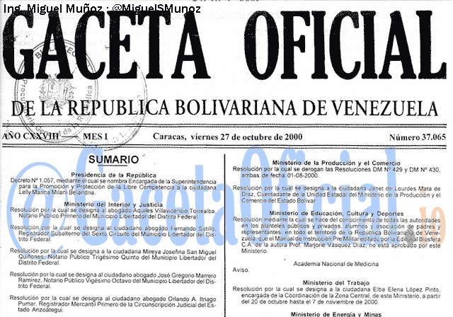 Gaceta Oficial 37065 del 27 Octubre 2000