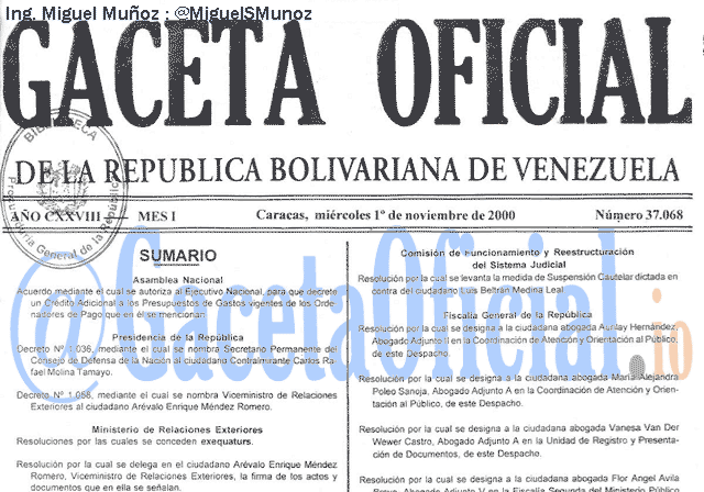 Gaceta Oficial 37068 del 1 Noviembre 2000