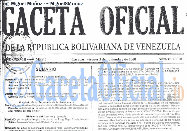 Gaceta Oficial 37070 del 3 Noviembre 2000