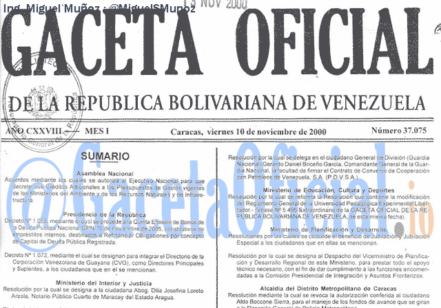 Gaceta Oficial 37075 del 10 Noviembre 2000