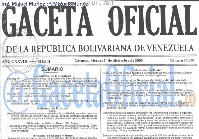 Gaceta Oficial 37090 del 1 Diciembre 2000