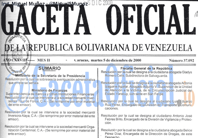 Gaceta Oficial 37092 del 5 Diciembre 2000