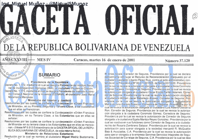 Gaceta Oficial 37120 del 16 Enero 2001