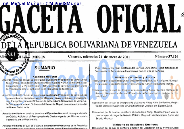 Gaceta Oficial 37126 del 24 Enero 2001