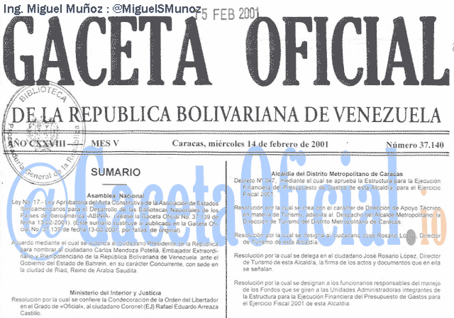 Gaceta Oficial 37140 del 14 Febrero 2001