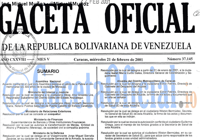 Gaceta Oficial 37145 del 21 Febrero 2001