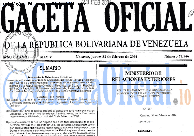 Gaceta Oficial 37146 del 22 Febrero 2001