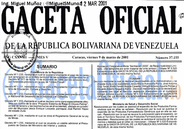 Gaceta Oficial 37155 del 9 Marzo 2001