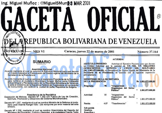 Gaceta Oficial 37164 del 22 Marzo 2001