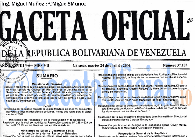 Gaceta Oficial 37183 del 24 Abril 2001