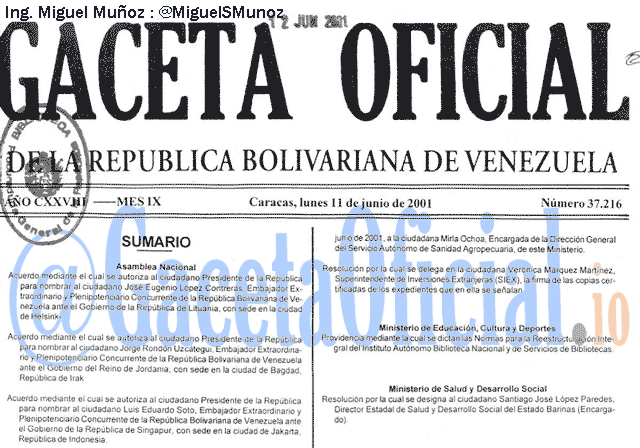 Gaceta Oficial 37216 del 11 Junio 2001