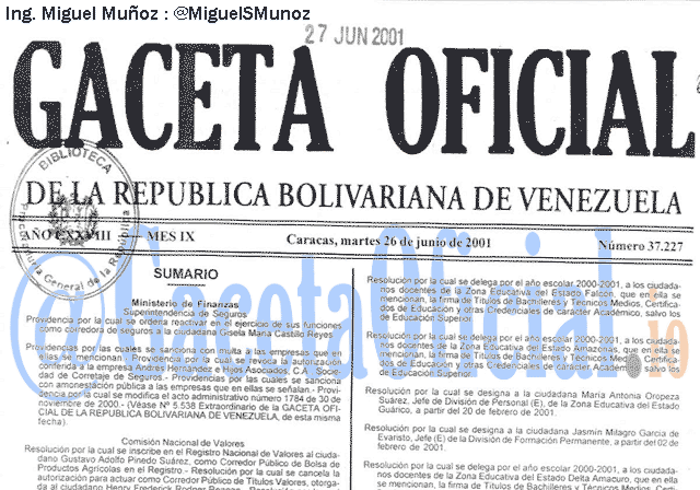 Gaceta Oficial 37227 del 26 Junio 2001