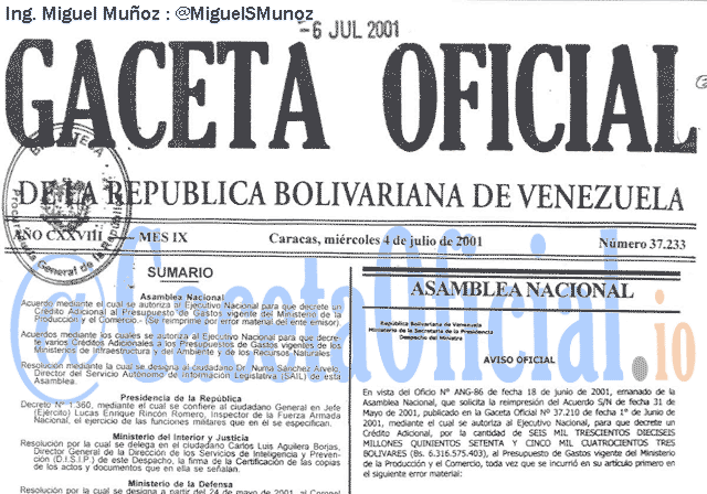 Gaceta Oficial 37233 del 4 Julio 2001