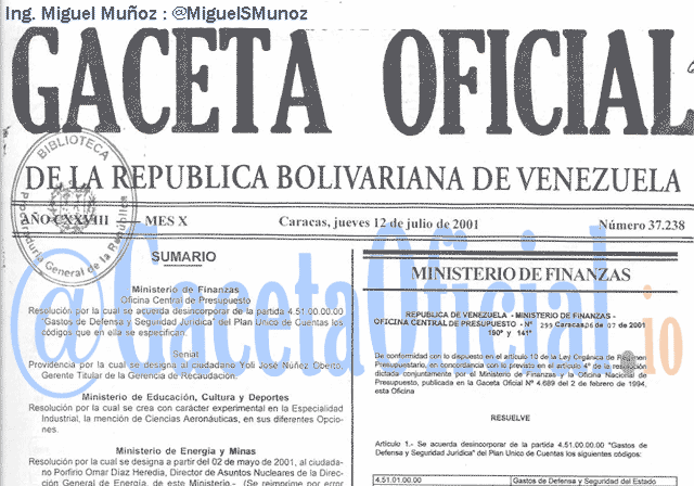 Gaceta Oficial 37238 del 12 Julio 2001