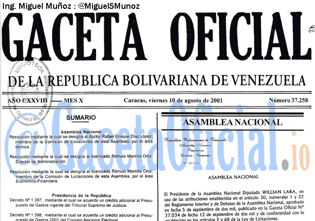 Gaceta Oficial 37258 del 10 Agosto 2001