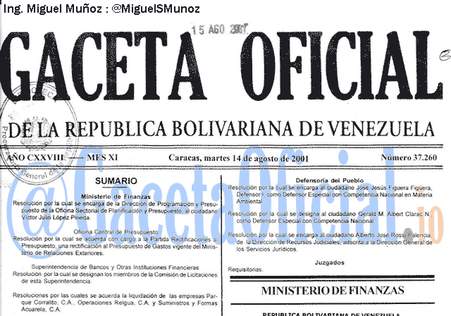 Gaceta Oficial 37260 del 14 Agosto 2001