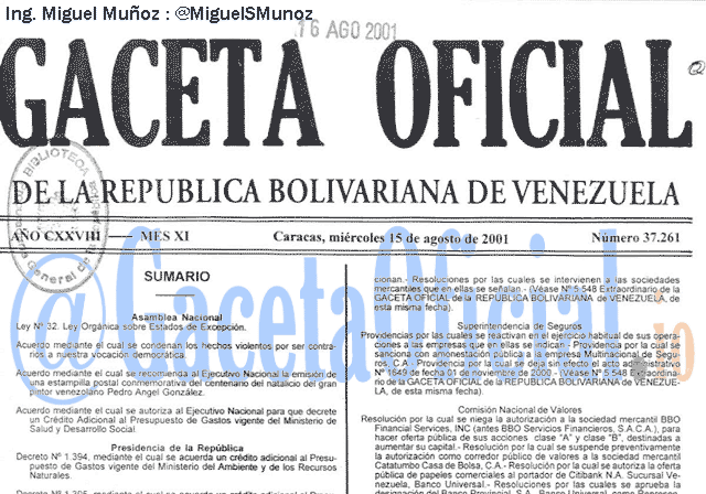 Gaceta Oficial 37261 del 15 Agosto 2001