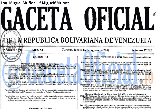 Gaceta Oficial 37262 del 16 Agosto 2001