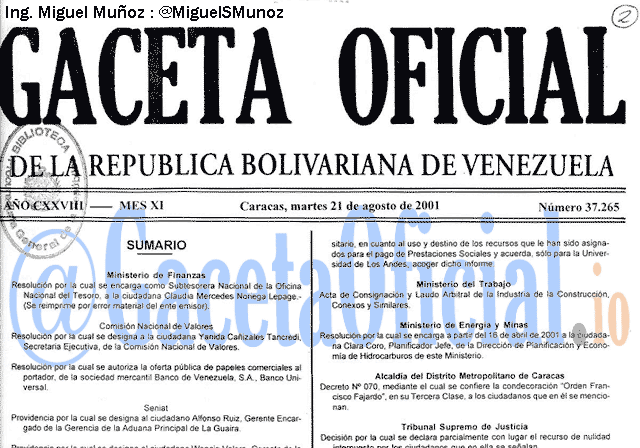 Gaceta Oficial 37265 del 21 Agosto 2001