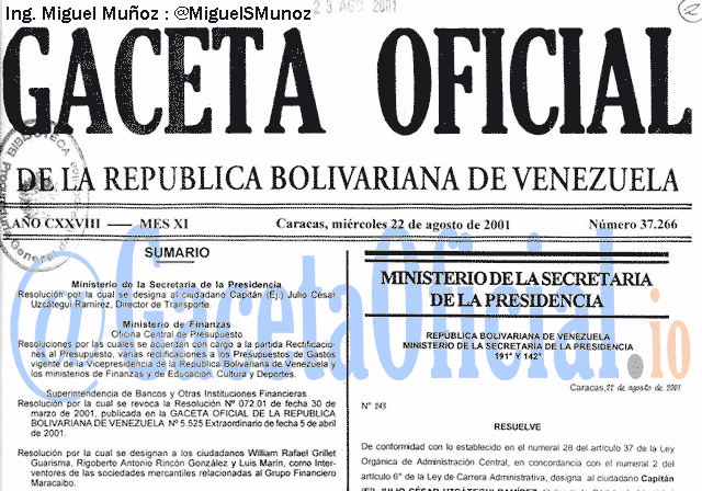 Gaceta Oficial 37266 del 22 Agosto 2001