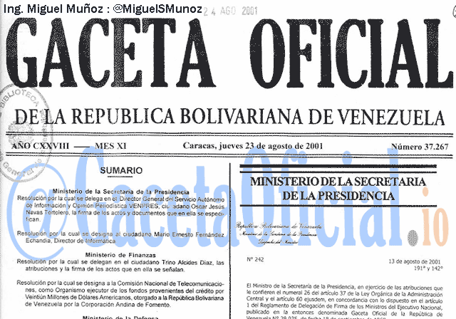 Gaceta Oficial 37267 del 23 Agosto 2001