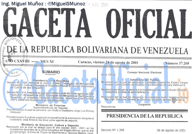 Gaceta Oficial 37268 del 24 Agosto 2001