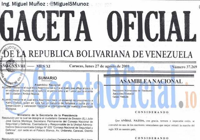 Gaceta Oficial 37269 del 27 Agosto 2001
