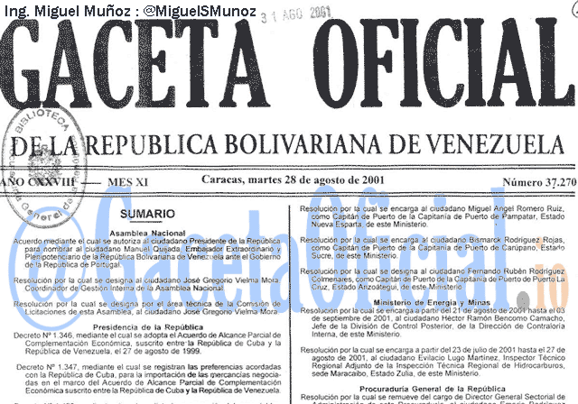 Gaceta Oficial 37270 del 28 Agosto 2001
