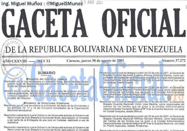 Gaceta Oficial 37272 del 30 Agosto 2001