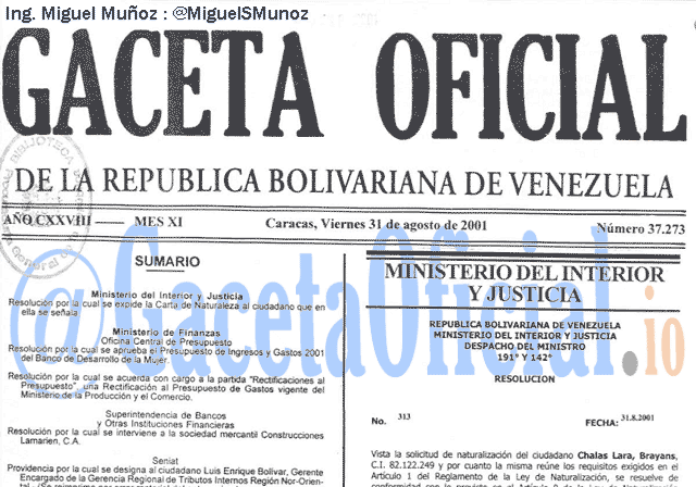 Gaceta Oficial 37273 del 31 Agosto 2001