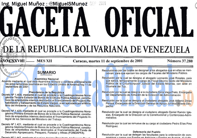 Gaceta Oficial 37280 del 11 Septiembre 2001