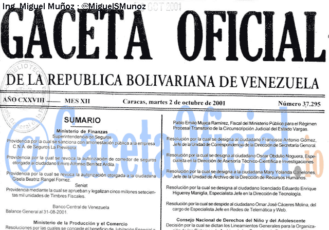 Gaceta Oficial 37295 del 2 Octubre 2001