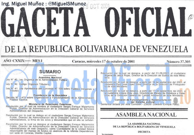 Gaceta Oficial 37305 del 17 Octubre 2001