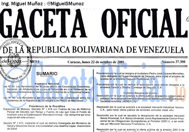 Gaceta Oficial 37308 del 22 Octubre 2001