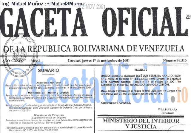 Gaceta Oficial 37315 del 1 Noviembre 2001